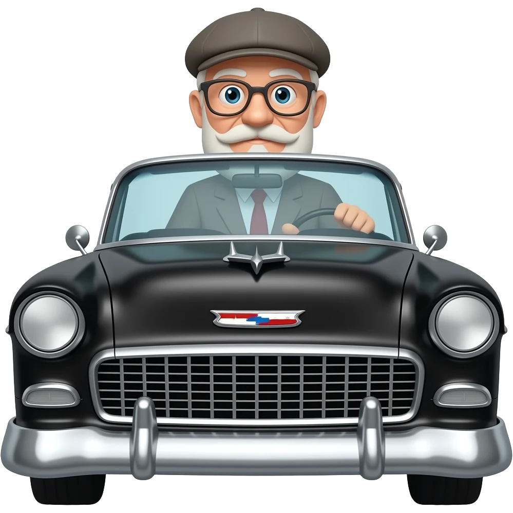 OLD MAN WITH  NO FACIAL HAIR GLASSES AND FLAT CAP DRIVING BLACK 1955 CHEVY WITH emoji