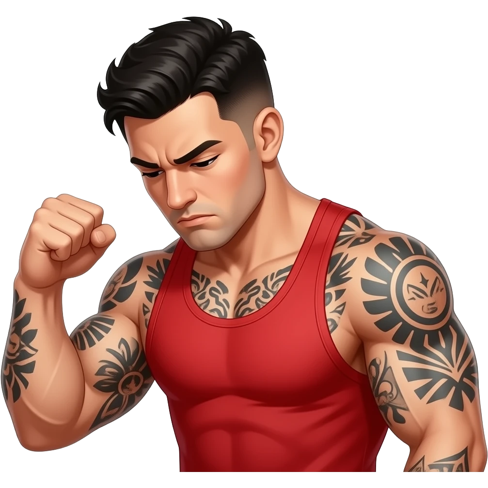 A strong buff gym guy with dark black hair and tattoos clean shaven and a red tank clenching his fist in defeat with his head down with an air bubble saying dahm emoji