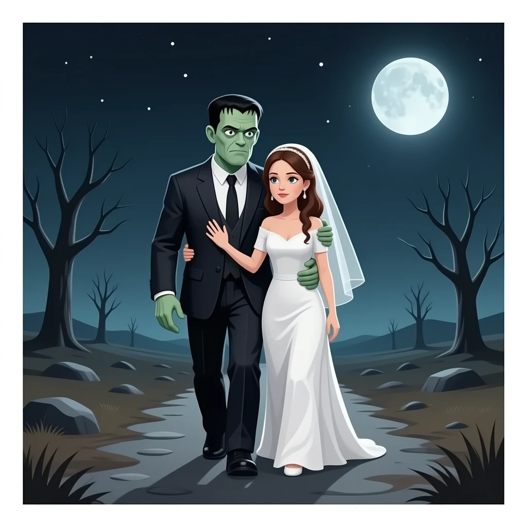 Frankenstein Monster hugs his bride while walking through a desolate night landscape emoji