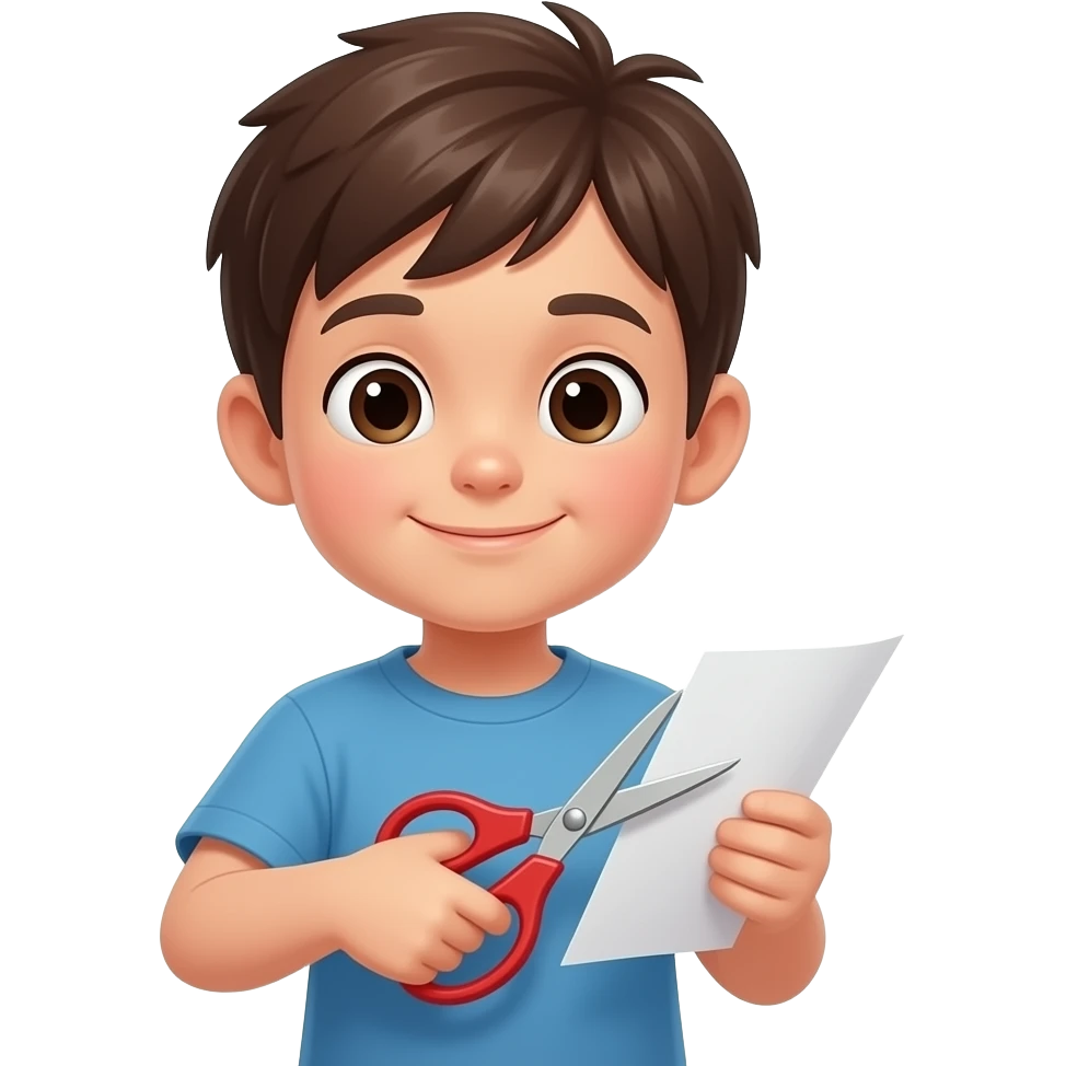 a kid is cutting a paper with scissors emoji