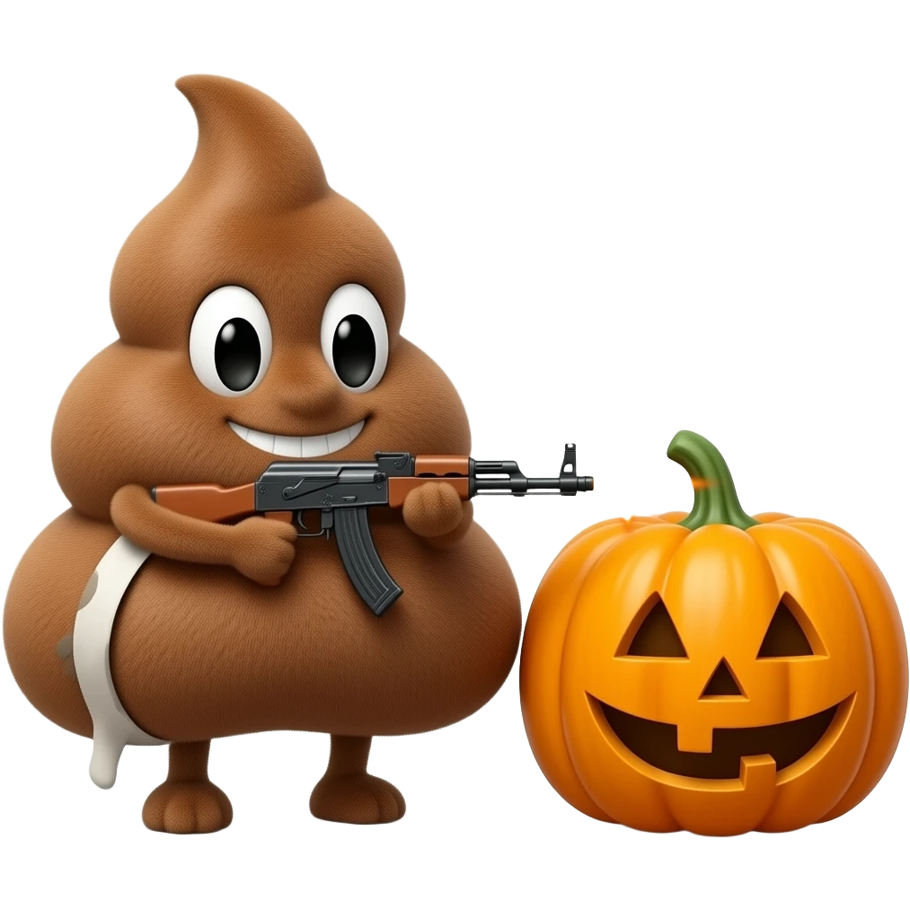 Pelúcia De Cocô Com Um Metralhadora dando tiros na abóbora de Halloween emoji