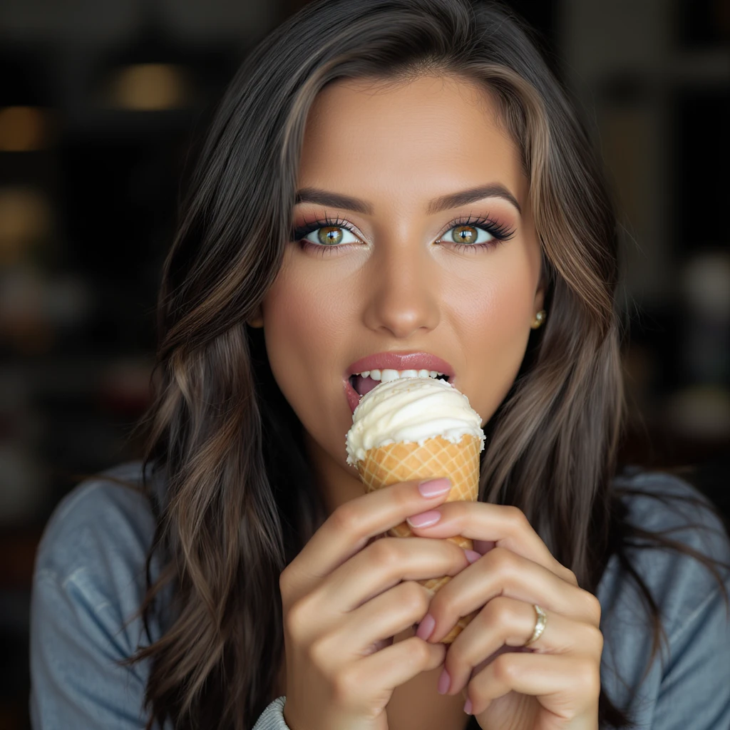 a woman eating ice cream, realistic and detailed emoji