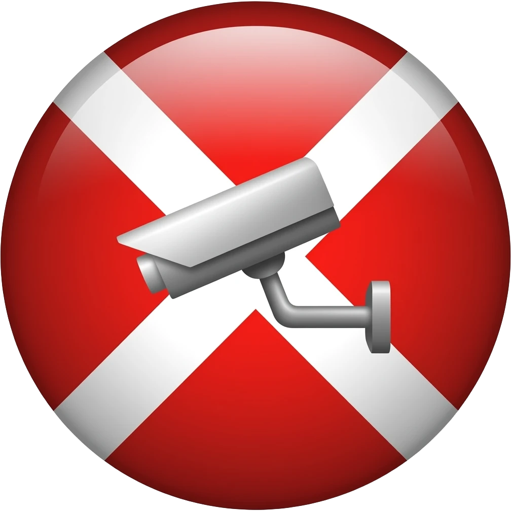 Red filled circle with white X and arrow end points on the X. CCTV in the centre emoji