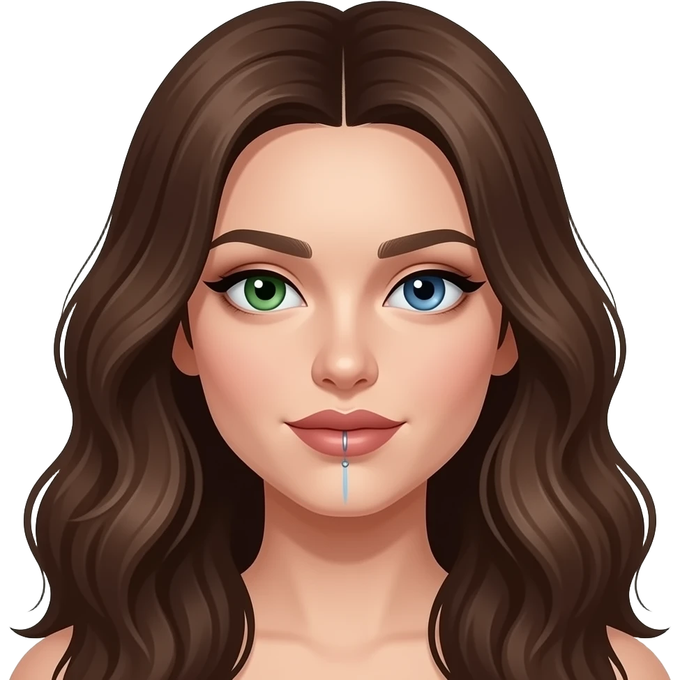 white long wavy haired brunette woman with one green eye one blue eye tattoos a philtrum piercing and a thin streak of white hair at the front and dark feminine makeup emoji