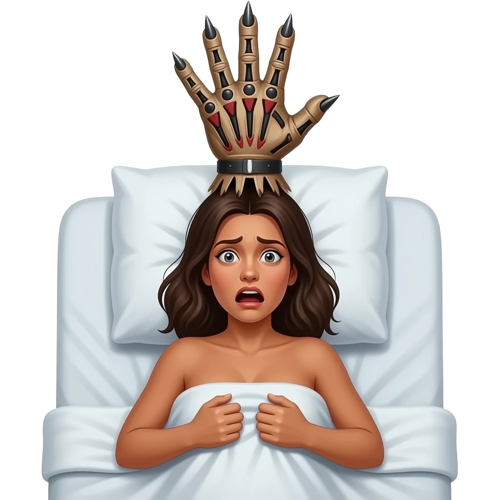 top view of a deeply tanned naked woman lying in bed clutching the bed sheets looking at the camera and is terrified by a dream of a giant freddy krueger's glove with knife blades fingertips reaching out directly above her head emoji