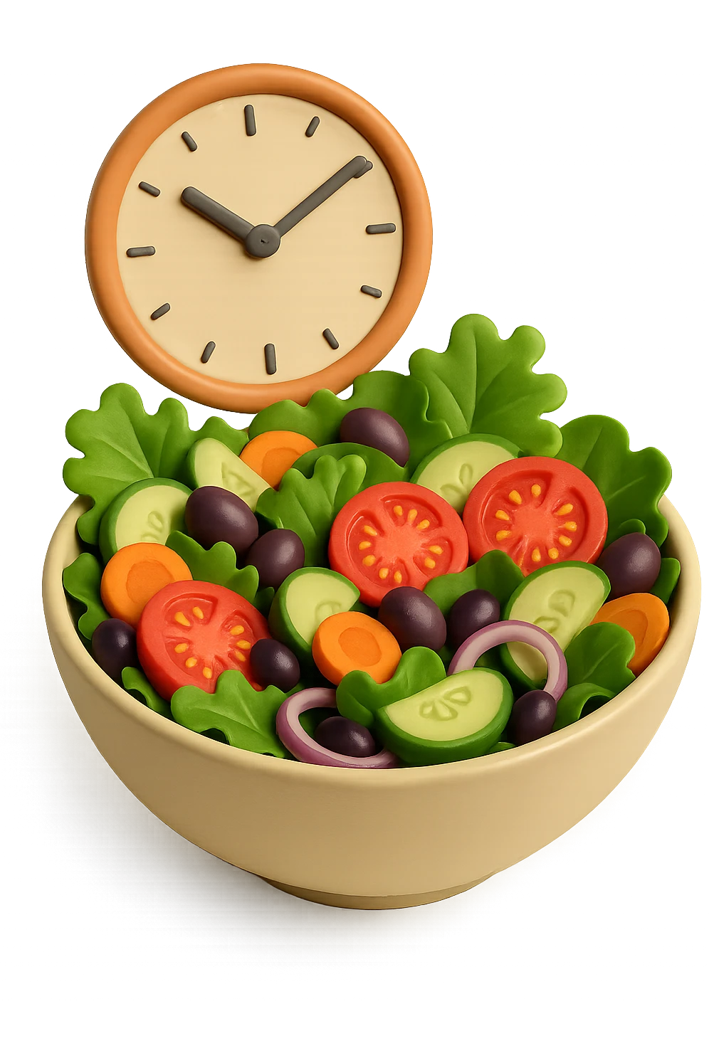 bowl con insalatona e orologio che le fluttua dietro che simboleggia una cena fatta in ritardo in 3d emoji