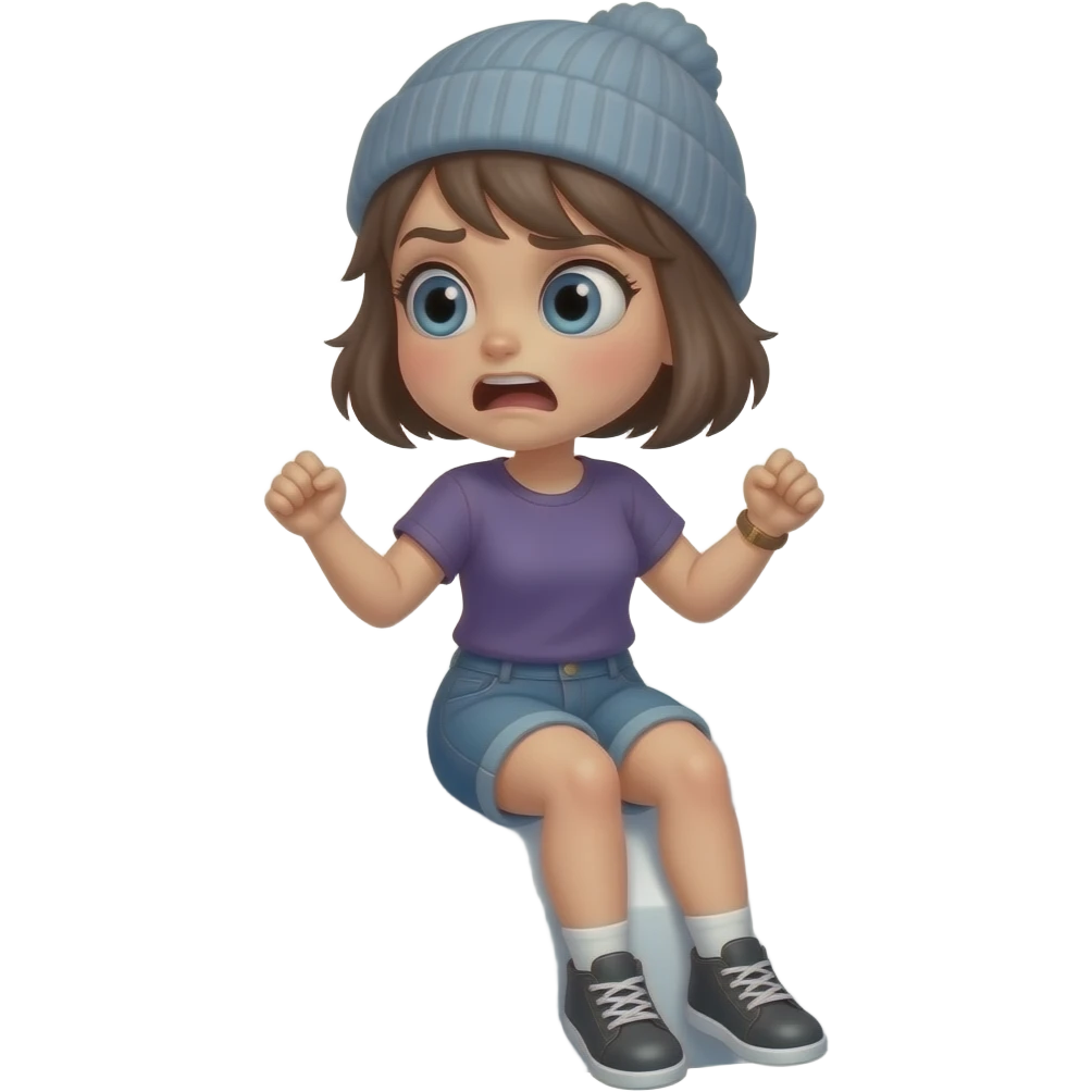 Tomgirl with short hair and beanie is shaking violently. The shakinf is indicated by a shimmering outline. She is sitting on a giant roundAdderall pill that is kind of a pillow.  She had one black eye and looks shocked. emoji