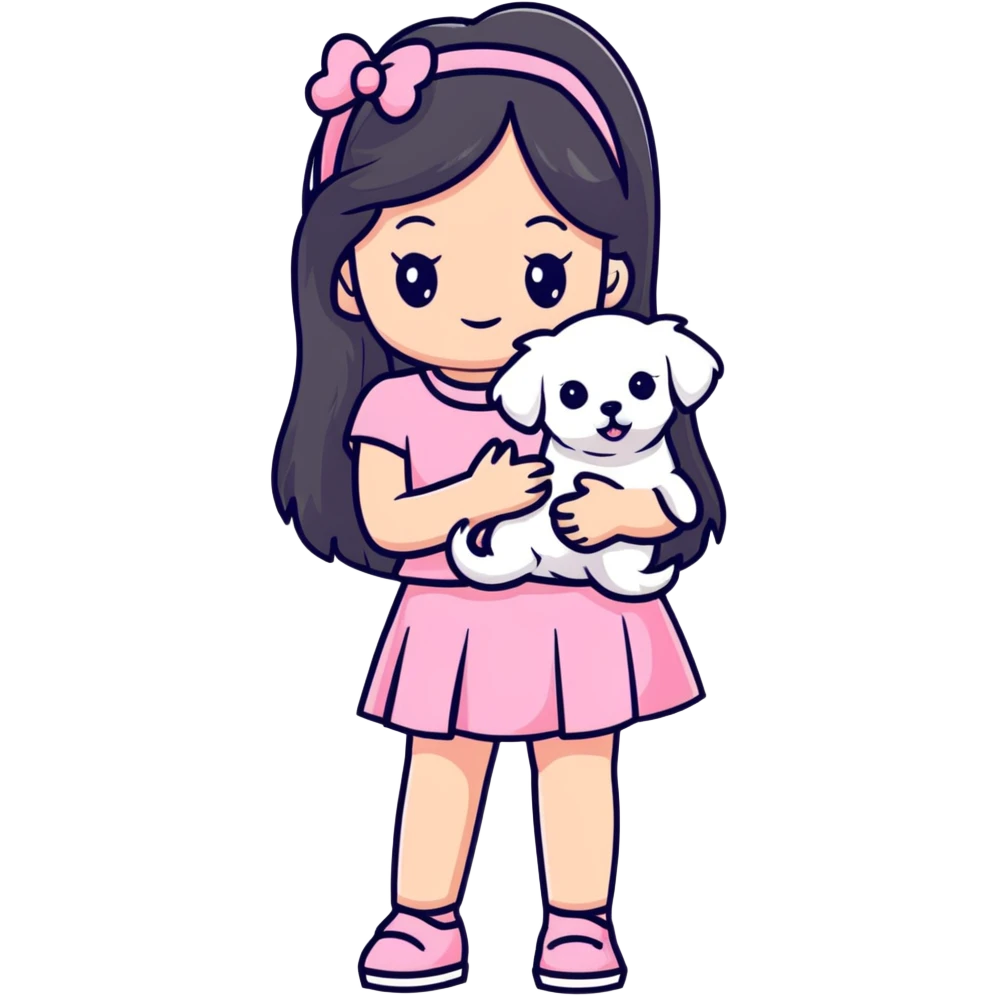 beautiful girl with long hair in pink top and skirt holding a small white Maltese puppy emoji
