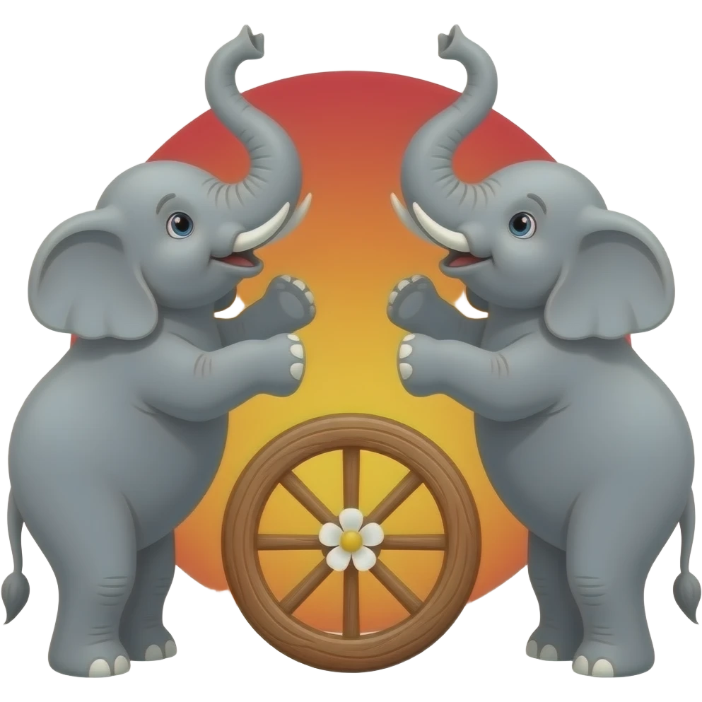 2 ELEPHENT RISING THE 2 LEG AND CENTER WOODEN WHEEL FLOWER FLOWER IS PLACED BACKGROUND RED YELLOW AND RED emoji