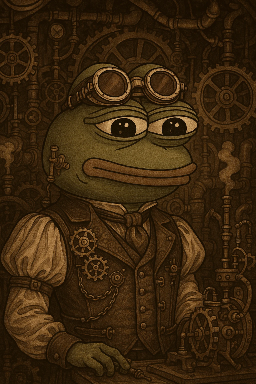 Pepe the Frog as a steampunk inventor, goggles, gears, Victorian outfit emoji