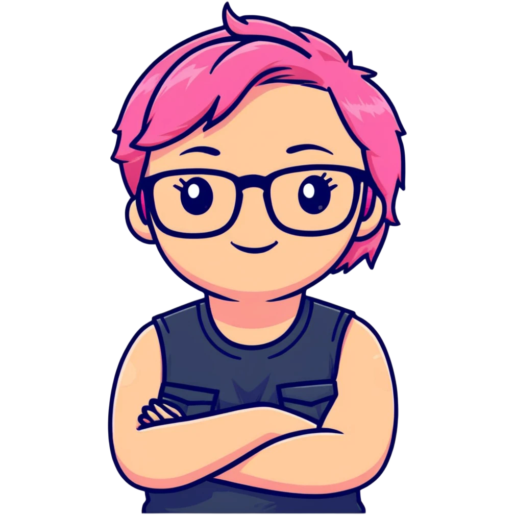 Pink-haired girl with glasses crossing her arms with a slight smirk emoji