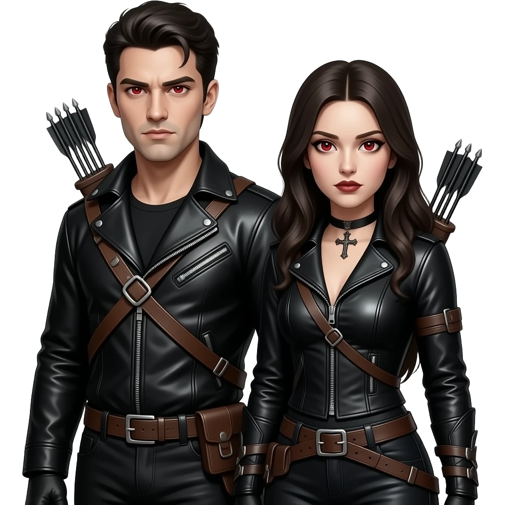 Gothic male and female with serious expression and red eyes wearing leather and carrying a crossbow emoji