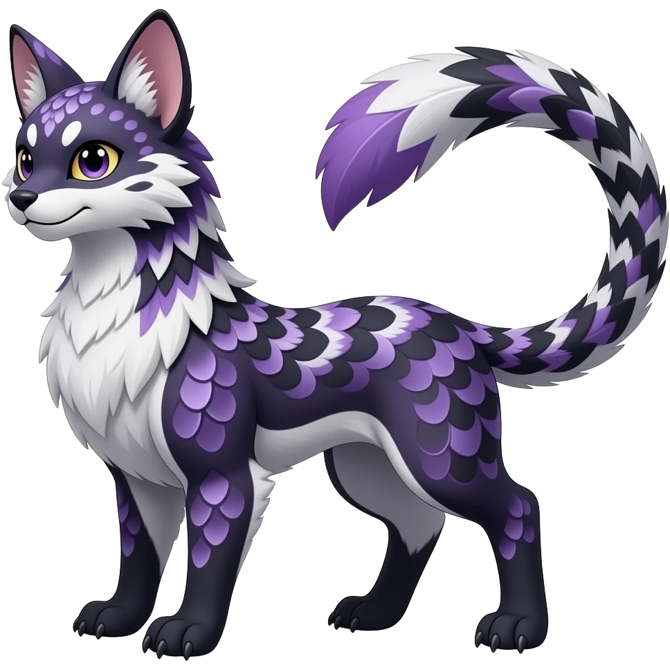 Speckle-patterned majestic feathery elegant realistic stylish Furry, feathery fluffy tropical flecked painted feathery scaly, Purple, white, black, Minccino-Bambino-Lykoi-Linoone-Zangoose-fusion-hybrid-animal-Fakémon-creature, full body, thin long sleek scaly tail, intricate markings emoji