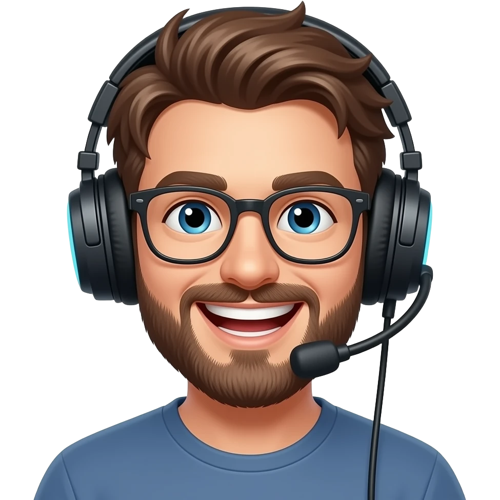 homme, casque jeux, rire, cheveux mi-long, brun, barbu, lunette emoji