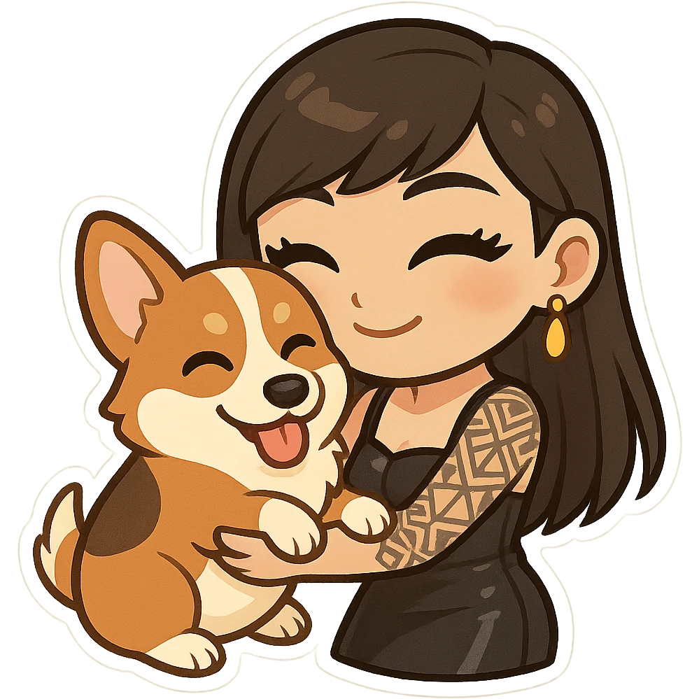 chibi sticker of an Asian girl with long straight hair, side-swept bangs, black leather dress, gold drop earrings, bold false lashes, and a geometric 3/4 sleeve tattoo on her left arm, hugging a joyful red head tri-color corgi, simplified, emoji-like emoji