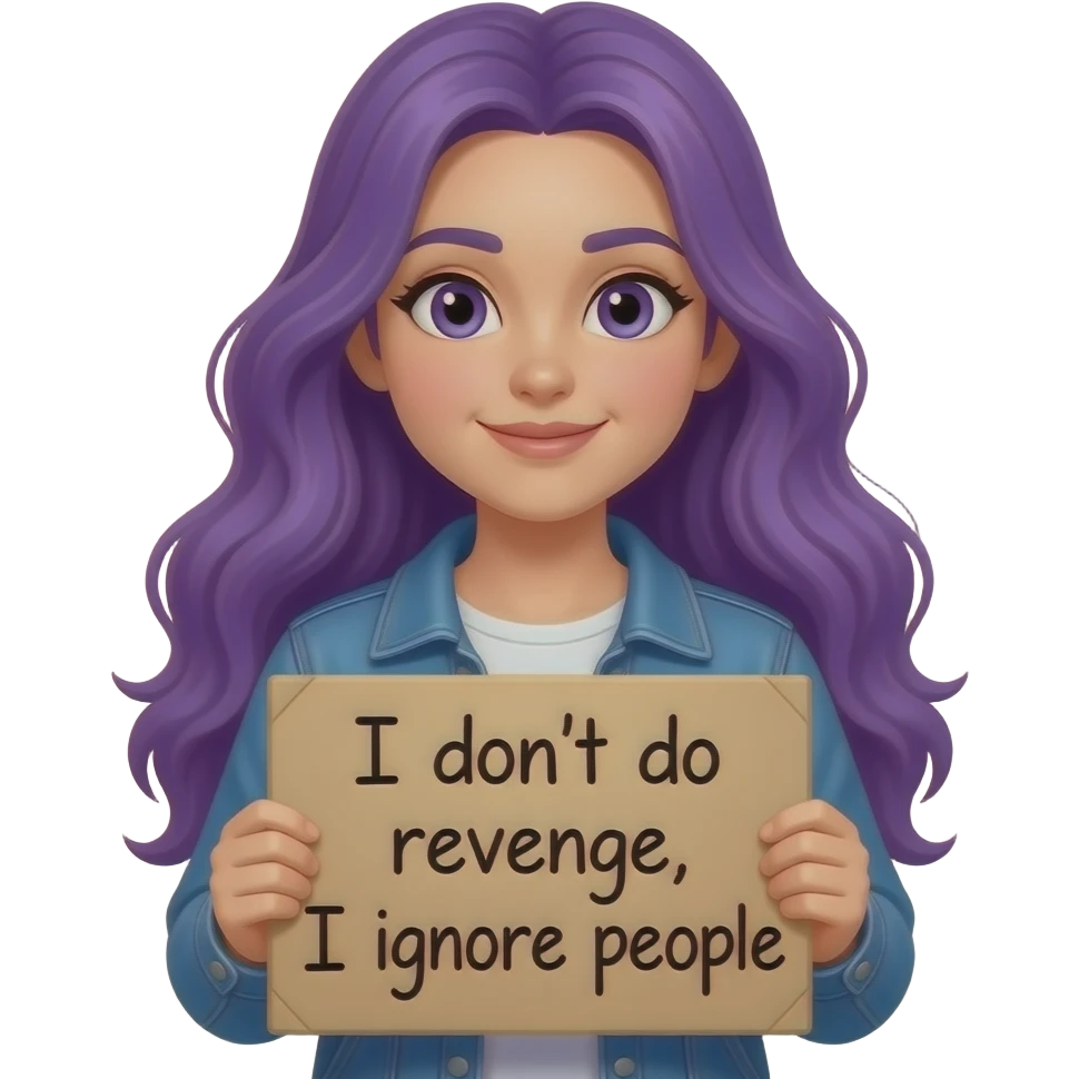 girl with long purple hair holding a I don't do REVENGE I ignore pEople sign emoji