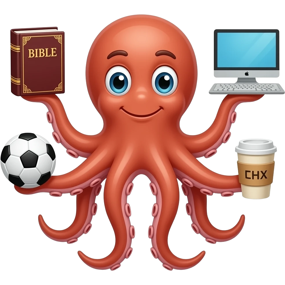 une pieuvre qui est multitache avec la bible, un ordinateur, un ballon de foot , qui bois du café et que chaque tentacule tien emoji