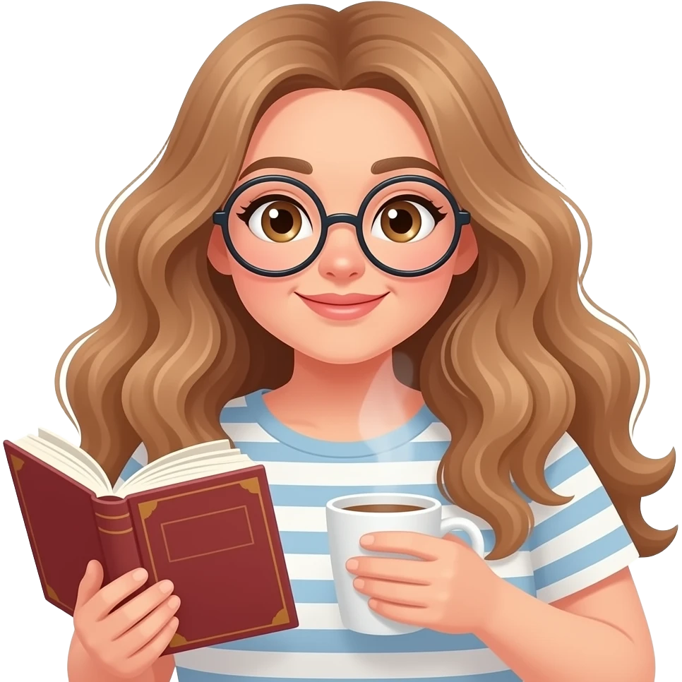 detailed emoji illustration of a curvy woman with long light brown wavy hair, light brown eyes and round glasses holding a book and a hot drink, relaxing reading break, cozy vibe, cute emoji style emoji