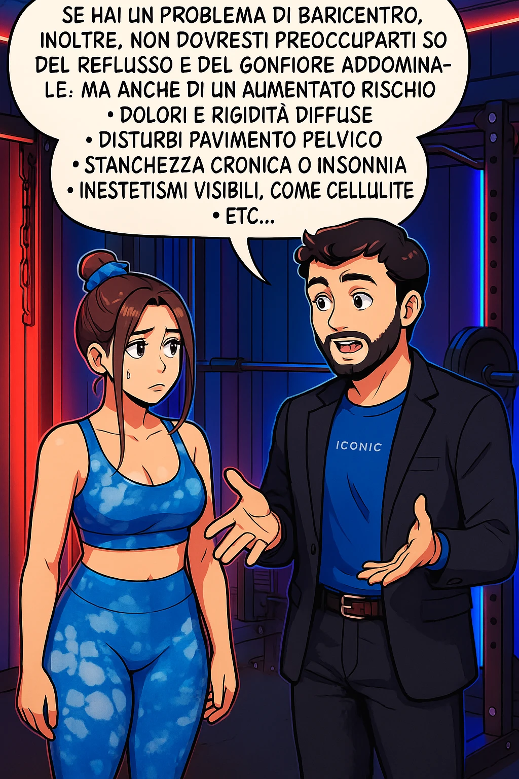 TRASFORMA QUESTO CAROSELLO IN UN FUMETTO STILE WEBTOON/MANGA A COLORI CON QUESTE DUE PERSONE IDENTICHE CHE INTERLOQUISCONO TRA LORO, L'uomo sta spiegando alla donna questo concetto:

Se hai un problema di baricentro, inoltre, non dovresti preoccuparti solo del reflusso e del gonfiore addominale, ma anche di un aumentato rischio di:
    • dolori e rigidità diffuse
    • disturbi pavimento pelvico
    • stanchezza cronica o insonnia
    • inestetismi visibili, come celluluite
    • etc… emoji