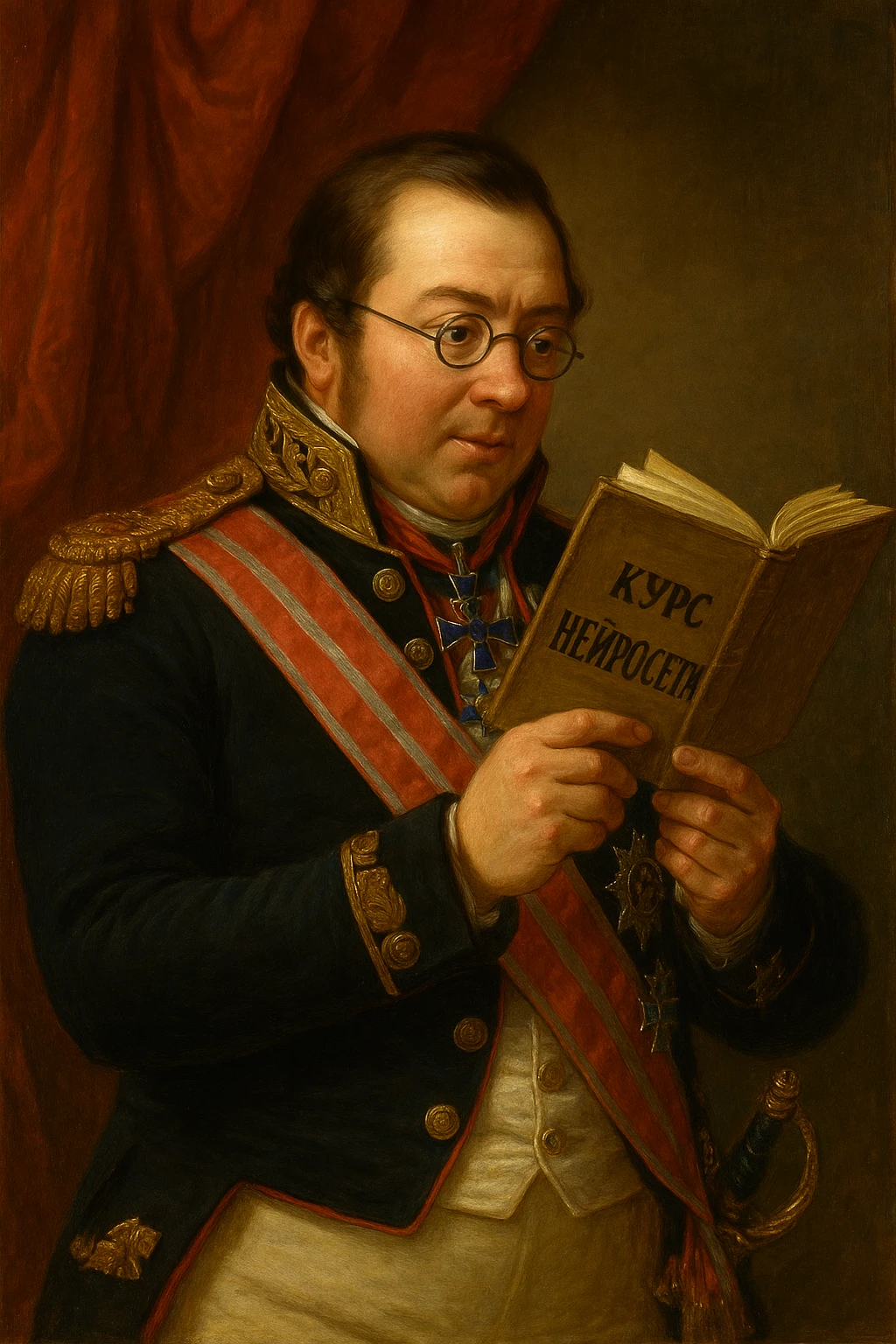 Павел Николаевич Демидов заинтересовано изучает в руках книгу на которой написано Курс Нейросети рисованный стиль emoji