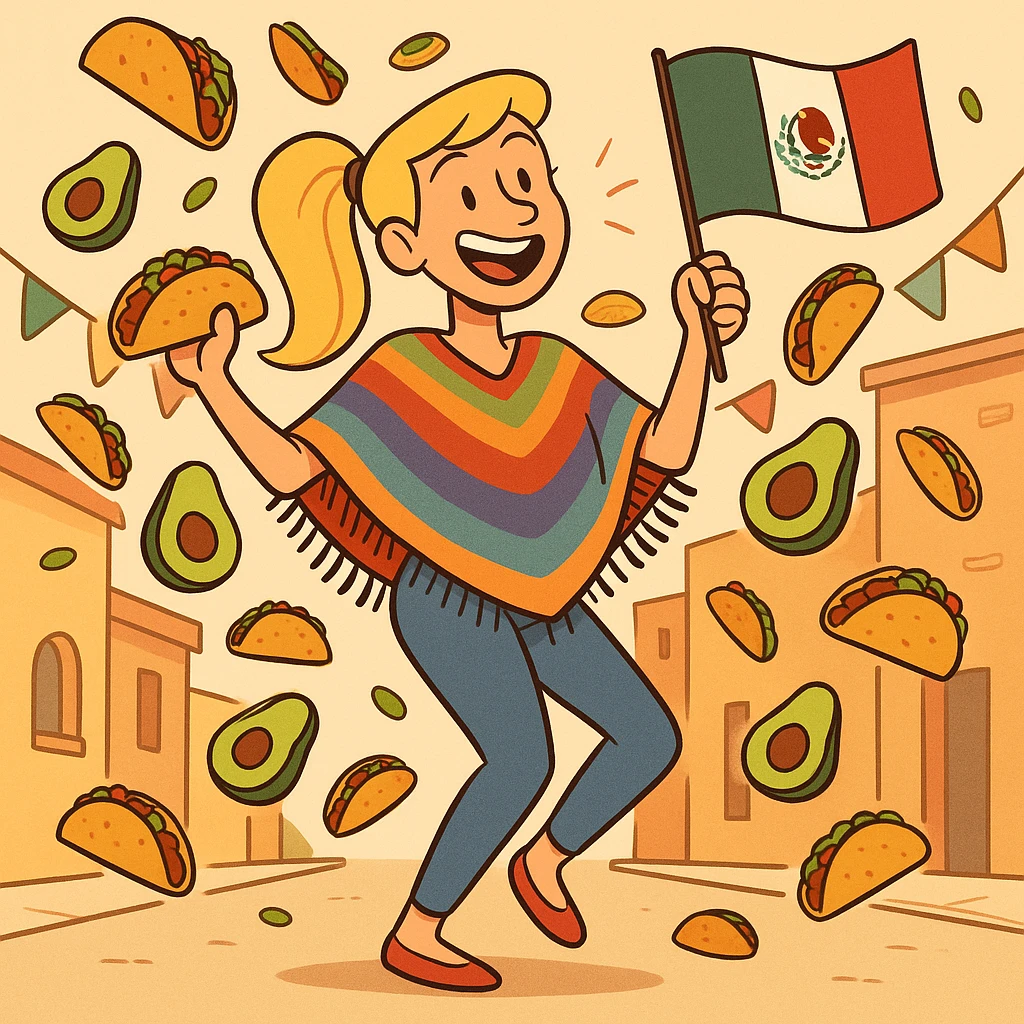playful cartoon of a tall blonde woman, colorful poncho, smiling, holding taco and avocado, waving Mexico flag, dancing in the street, surrounded by tacos and avocados, street party scene emoji