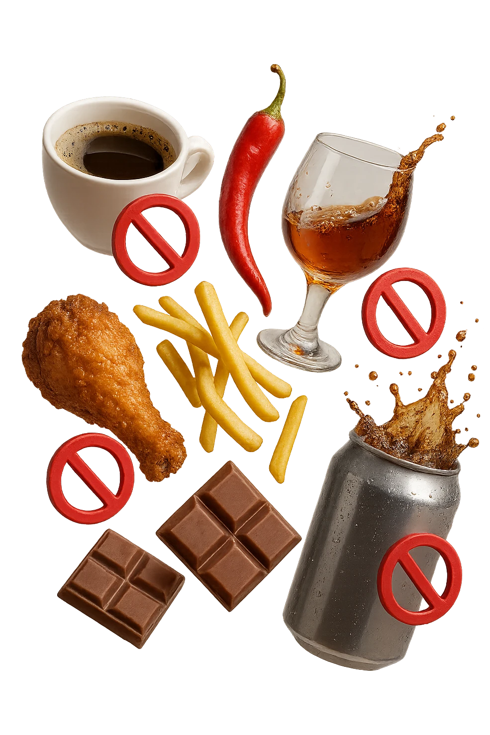 caffeina, alcolici, cibi piccanti, fritti, cioccolato e bevande gassate cadono dall'alto con piccoli divieti in 3d, iperrealistico 4k emoji