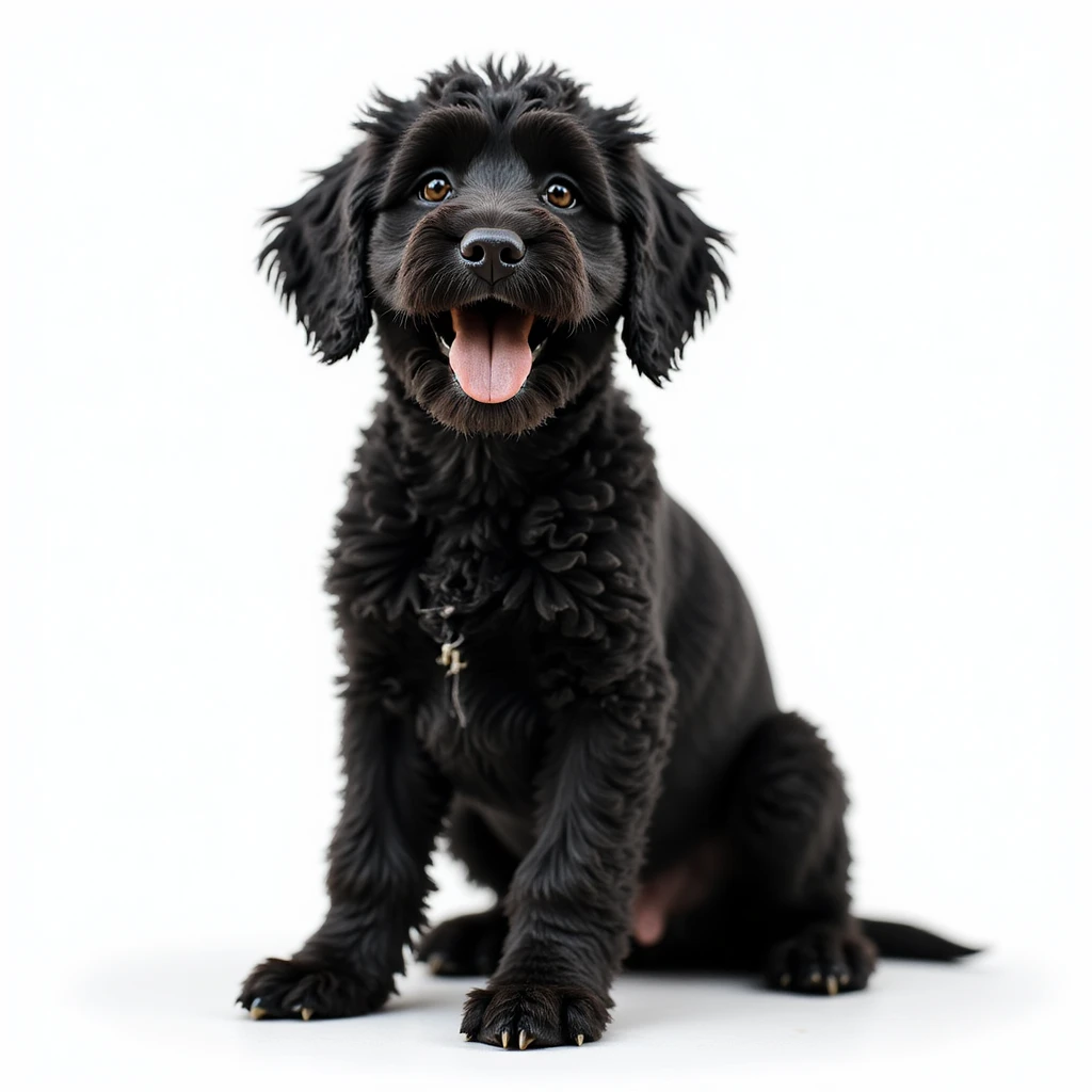 photorealistic black doodle dog sitting and smiling, accurate details, white background emoji