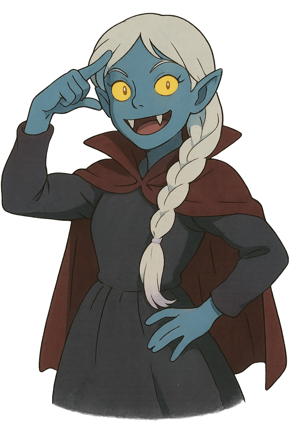 1 female, single long white braid with lavender tips. Vampire with blue skin and glowing gold yellow eyes. Meme pose emoji