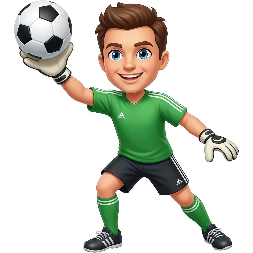 faça umgoleiro de camiseta verde, short conza, olhos azuis, cabelo marron, sorrindocomo se fosse pegar uma bola, sem bola alguma na imagem emoji