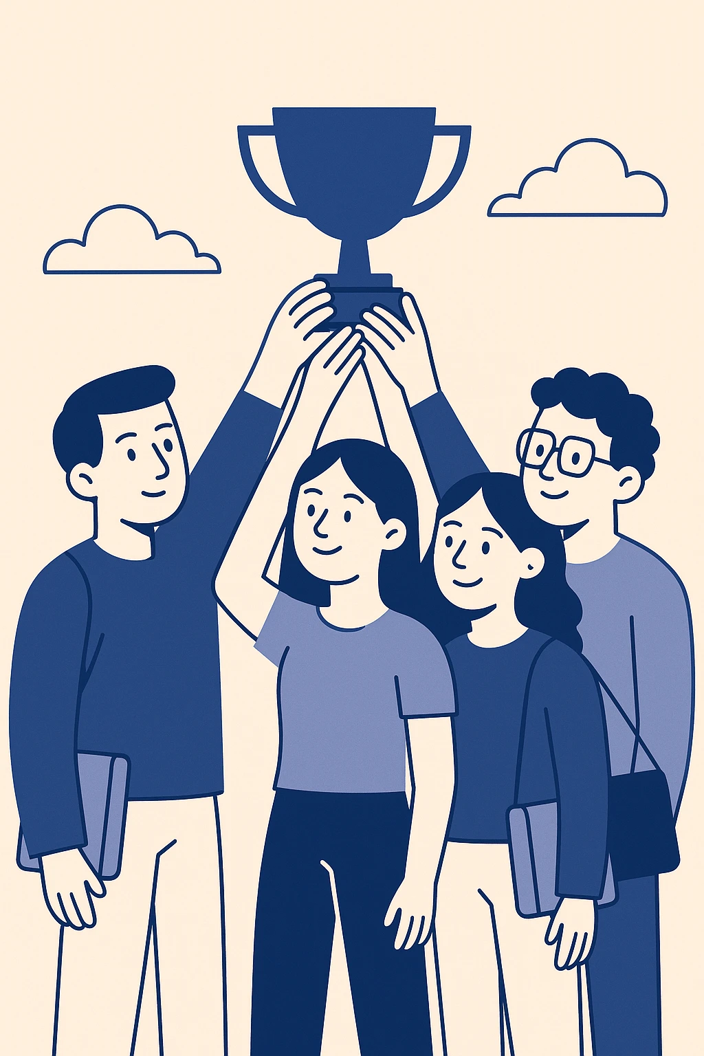 quatre étudiants soulèvent un trophée, ambiance chaleureuse, style flat design moderne, clean lines, minimalistic, modern color palette emoji