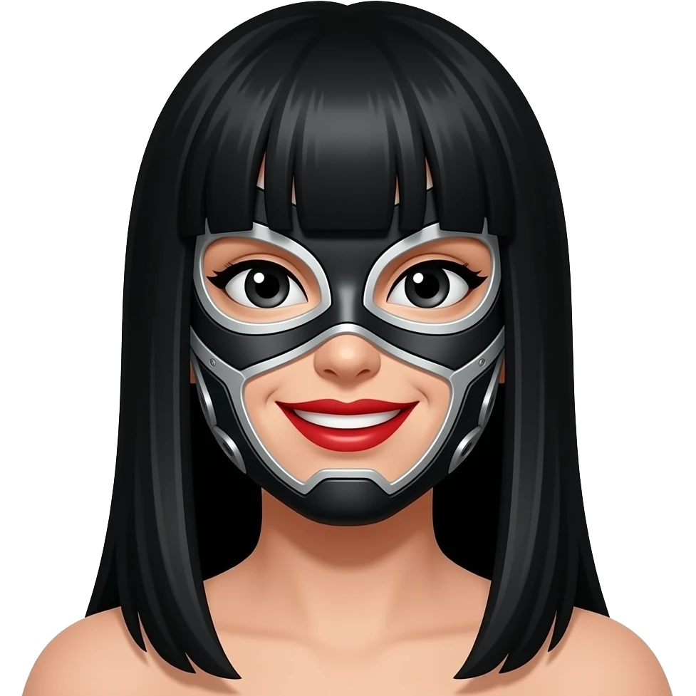 Asi como está solo que tenga cabello largo y lacio de color negro  y labios rojos y la mascara de luchador tipo ciborg negro con plateado, y ojos negros sin fleco y que no se vea el cuello y este sonriendo emoji