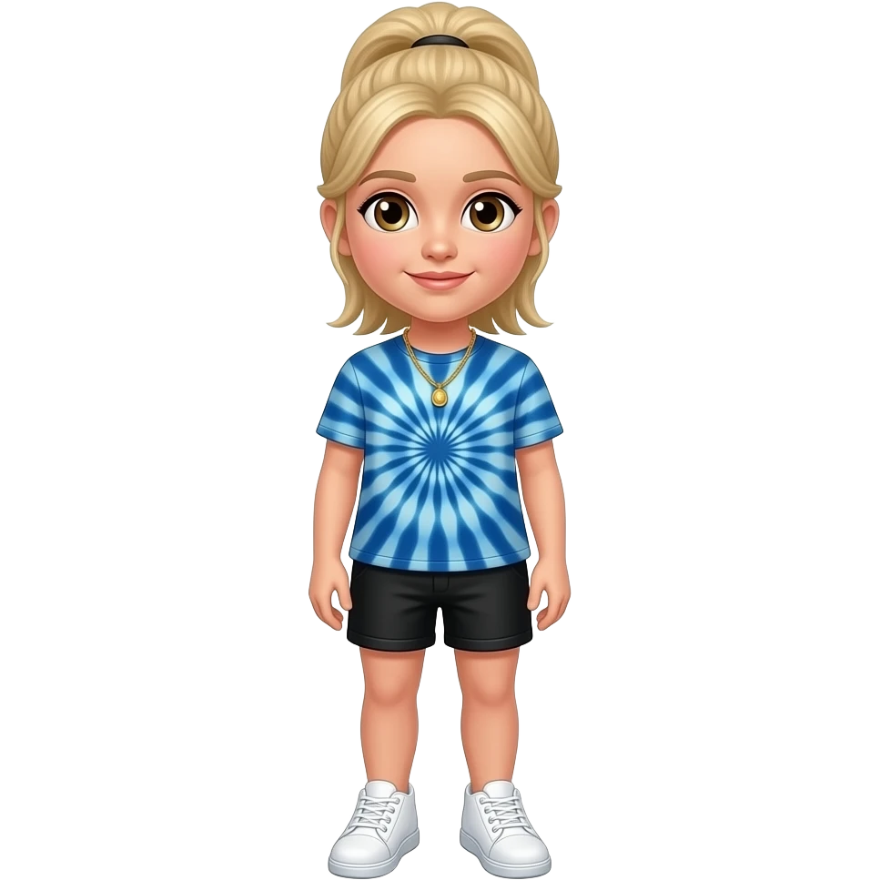 Blond ponytail blue tie dye t shirt White shoes black shorts gold necklace hazel eyes emoji