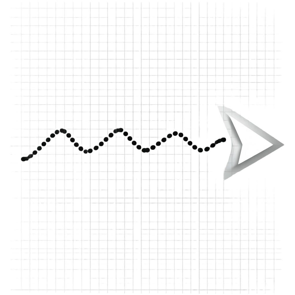 Flecha blanca. Sigue una trayectoria ondulada de onda sinusoide horizontal suave. trazado compuesto por una línea de puntos discretos y uniformes. Termina a la derecha con una punta de flecha triangular sólida y blanca. Composición vectorial minimalista emoji