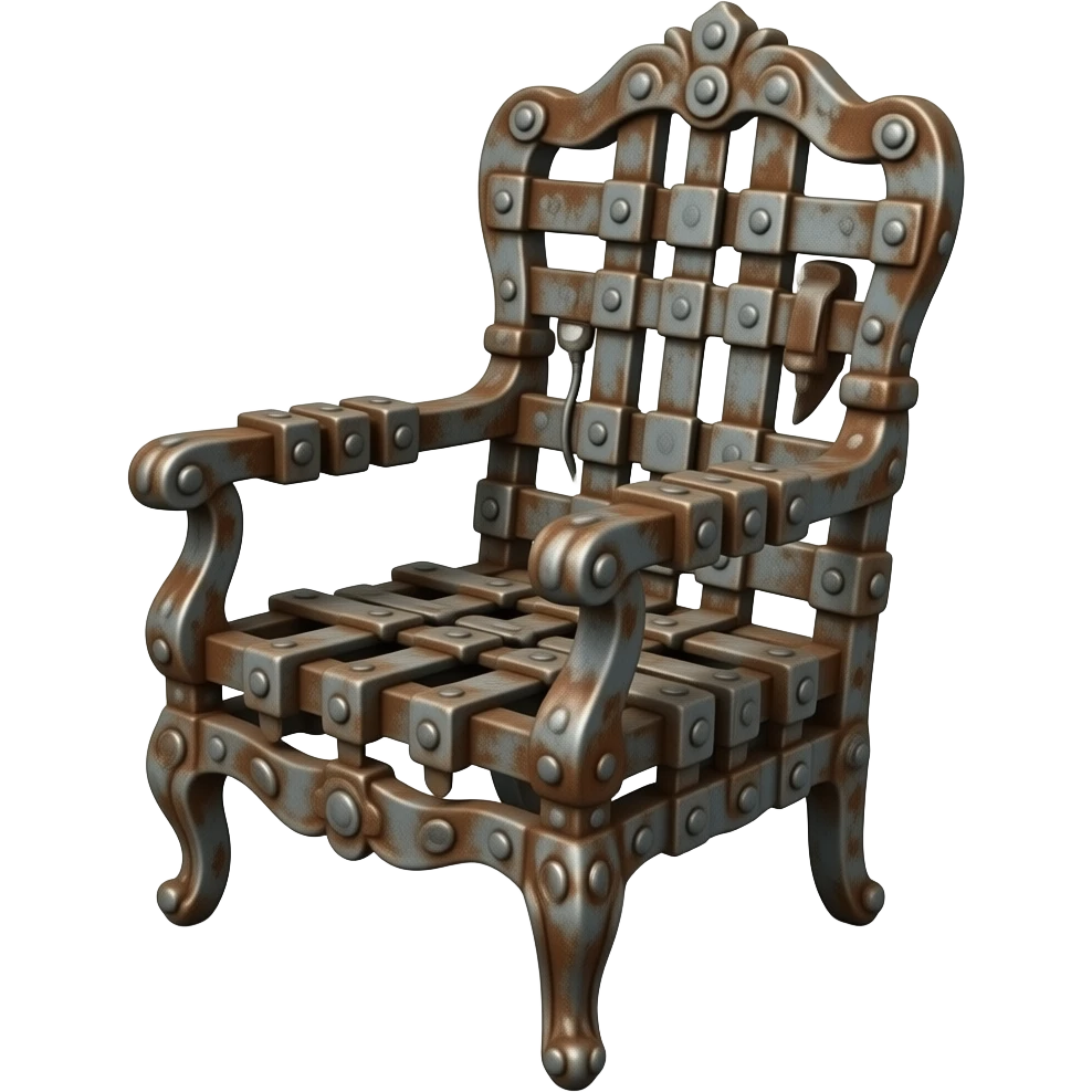 an elegant electric chair frontally composed of many rusty metal parts of old Victorian guillotines emoji