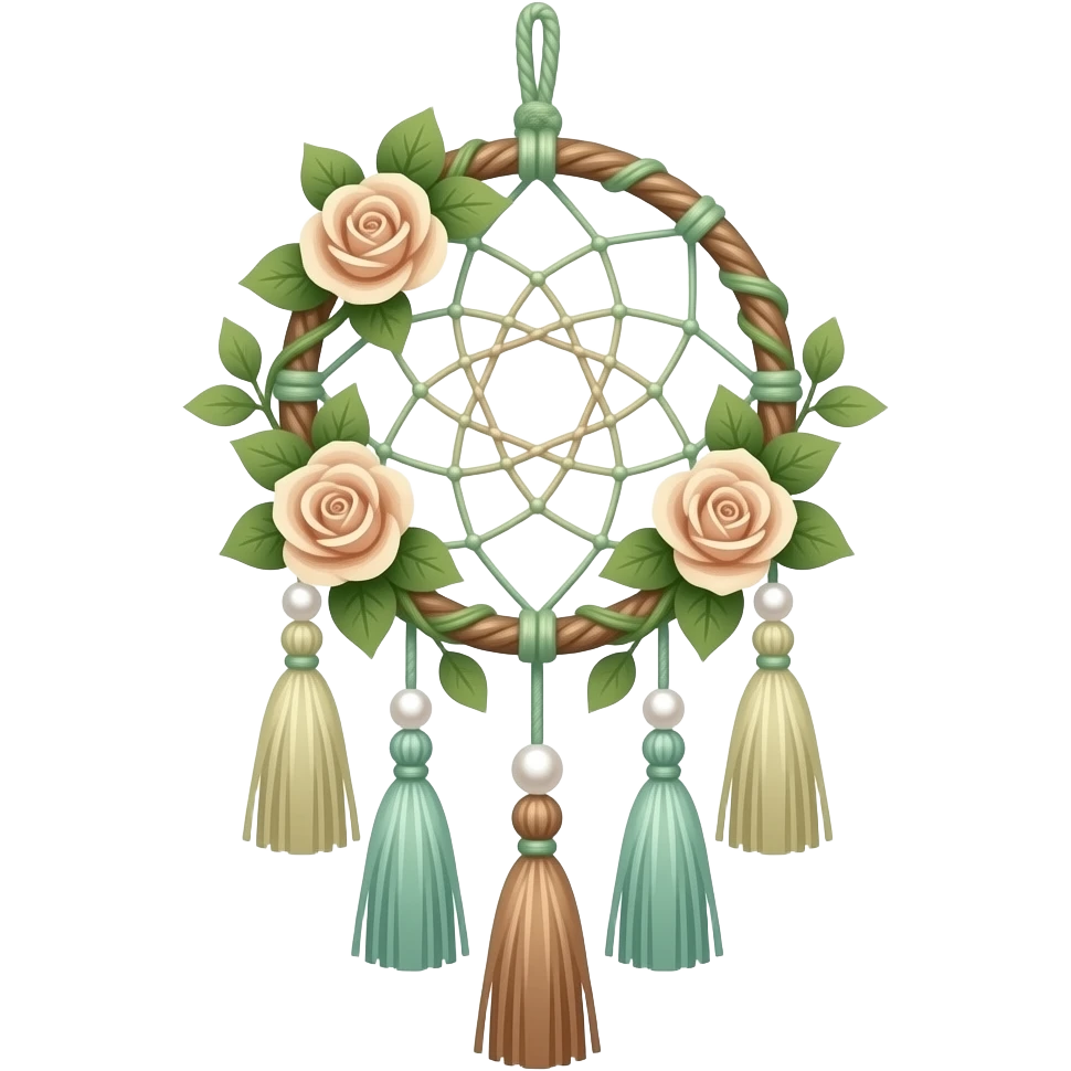 Hippie-like Cute dainty neat Pastel Green-white-brownish-beige-gradients thread-rope-hanging dreamcatcher, pastel colors, whitish, light, green academia aesthetic, mossy, with green vines and beige roses, Cottagecore, Princesscore, shiny glistening, vintage, pearls, tassels emoji