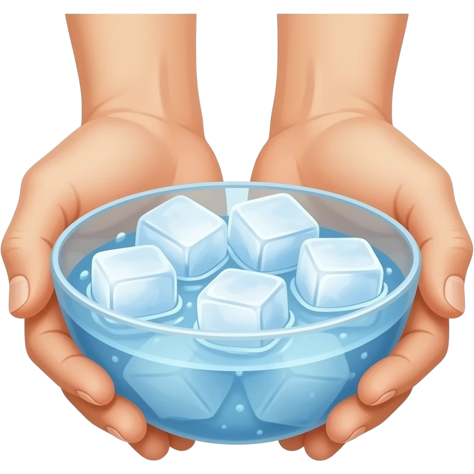 Mensch hält Hände in Schüssel mit Eiswürfel und Wasser emoji