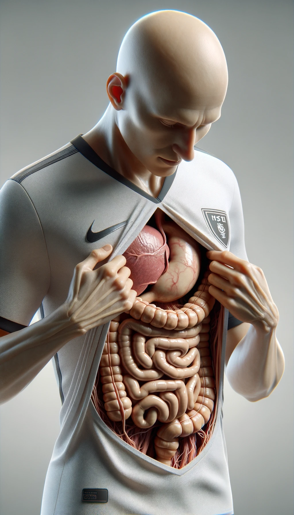 CORPO UMANO ANATOMICO CON INTESTINO UMANO ANATOMICO IN EVIDENZA CHE INDOSSA UNA MAGLIA SINTETICA, SI AFFERRA LA MAGLIA PER OSSERVARLA MEGLIO CON ESPRESSIONE DUBBIOSA IN VOLTO, SFONDO CHIARO NEUTRO, iperrealistico 4k emoji