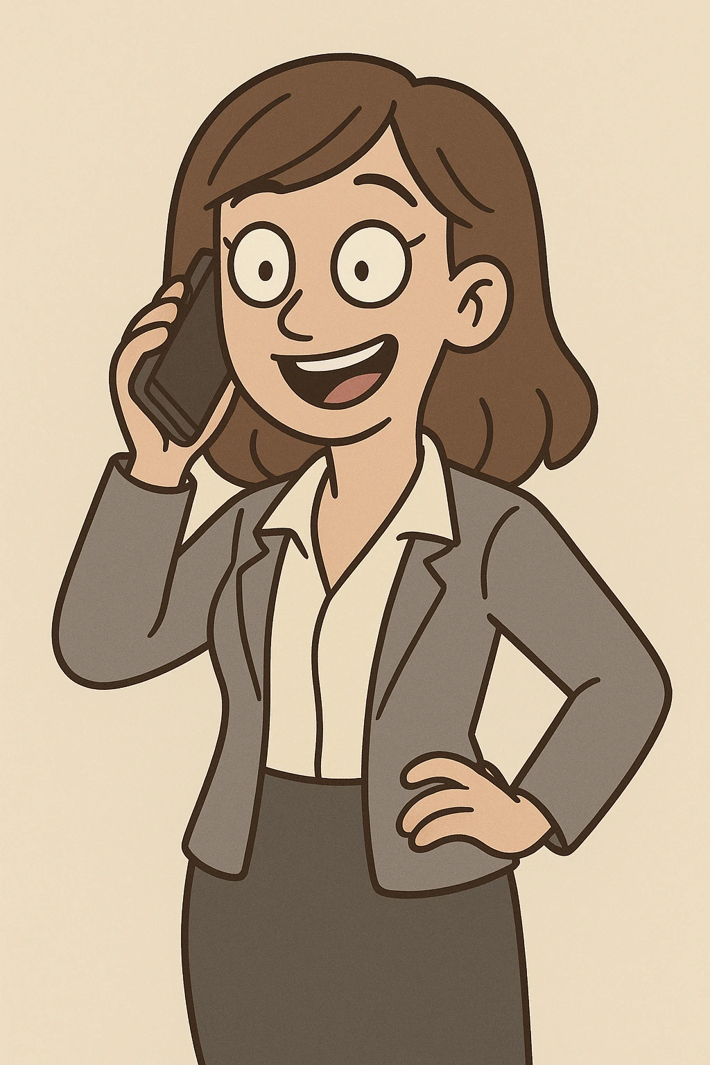 corporate girl, medium length straight wavy hair, cartoon style, talking on phone, cheerful, plain background emoji