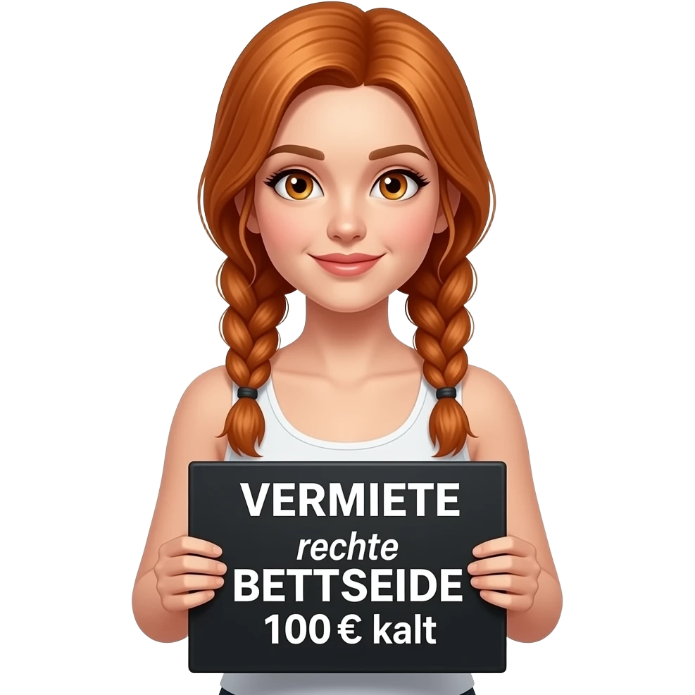 sexy girl with long ginger braids and ginger eyes wearing a white tanktop is holding a black sign with VERMIETE rechte BETTSEITE 100€ kalt written on it emoji
