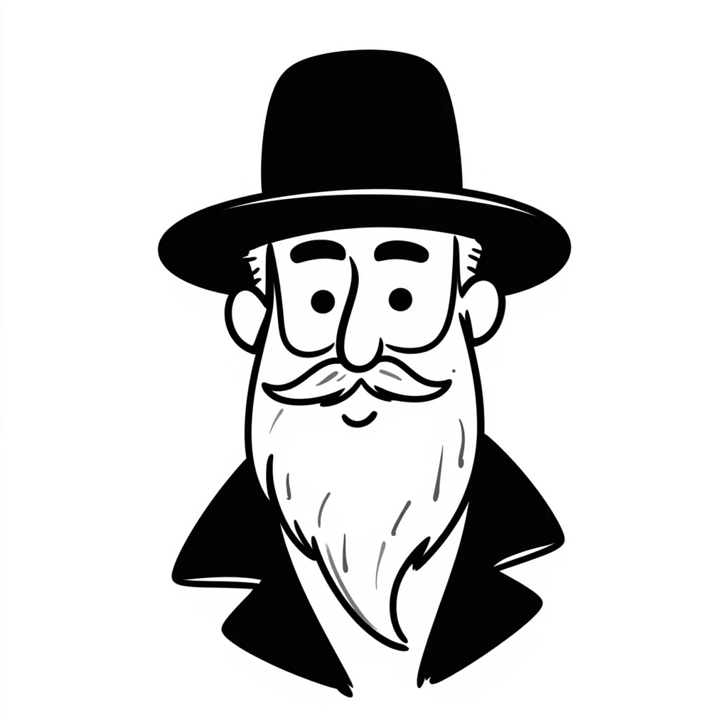 hand-drawn doodle of a Jewish rabbi with beard and hat, simple lines emoji