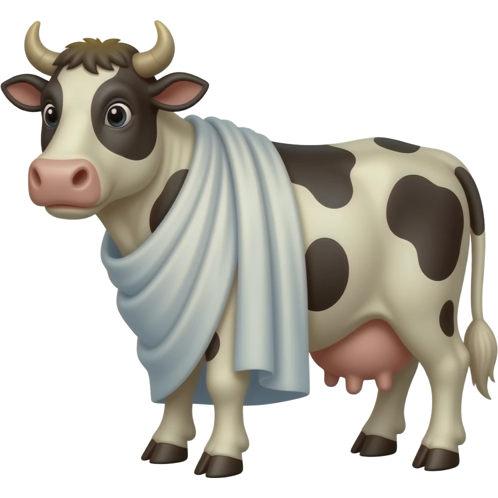 Cow in a toga with a glowing head and a halo emoji