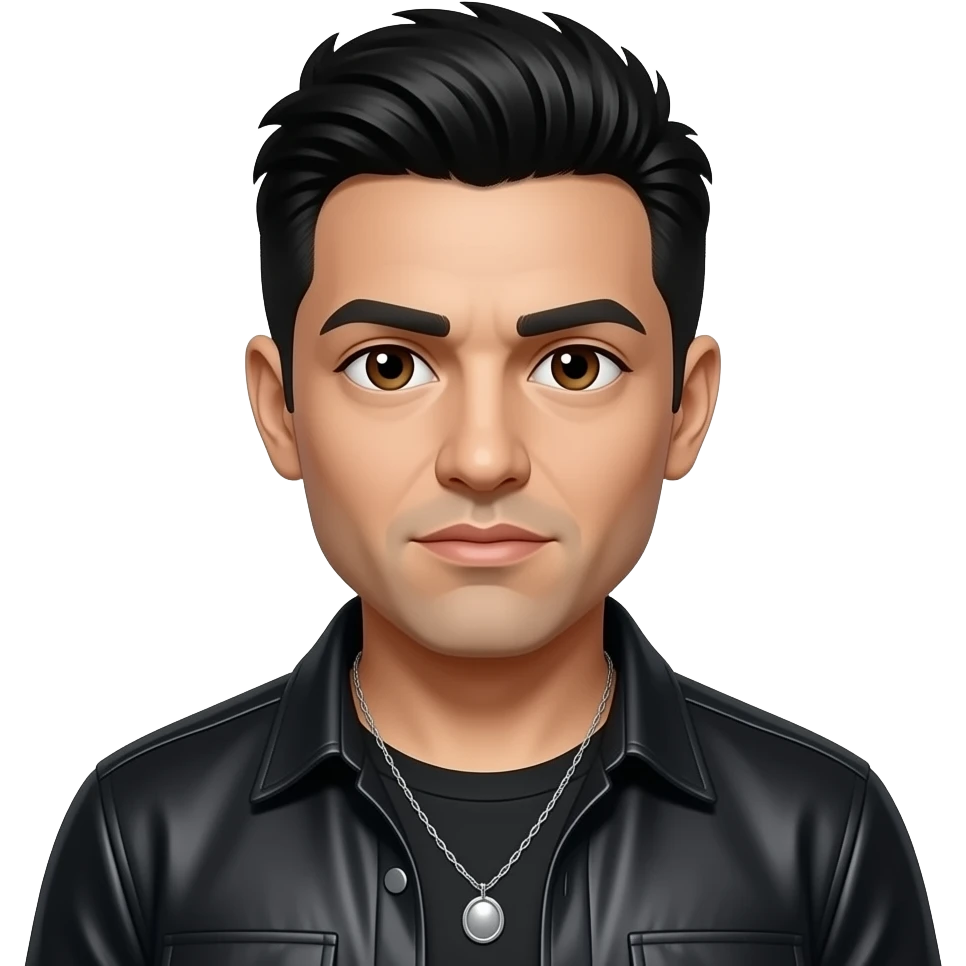 Chino Moreno with brown eyes, black hair, black metallic shirt, silver necklace emoji