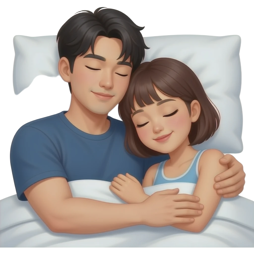 hot korean man with bangs sleeping with a hot Filipina with short hair and bangs. make them cuddling very comfortably like they are sleeping emoji