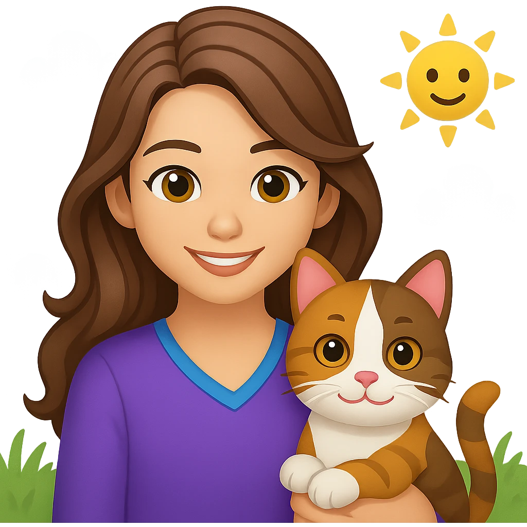 Add a simple, cheerful background to the scene with a girl with long, wavy brown hair, brown eyes, purple clothes, smiling with a three-color cat beside her, in emoji style. emoji