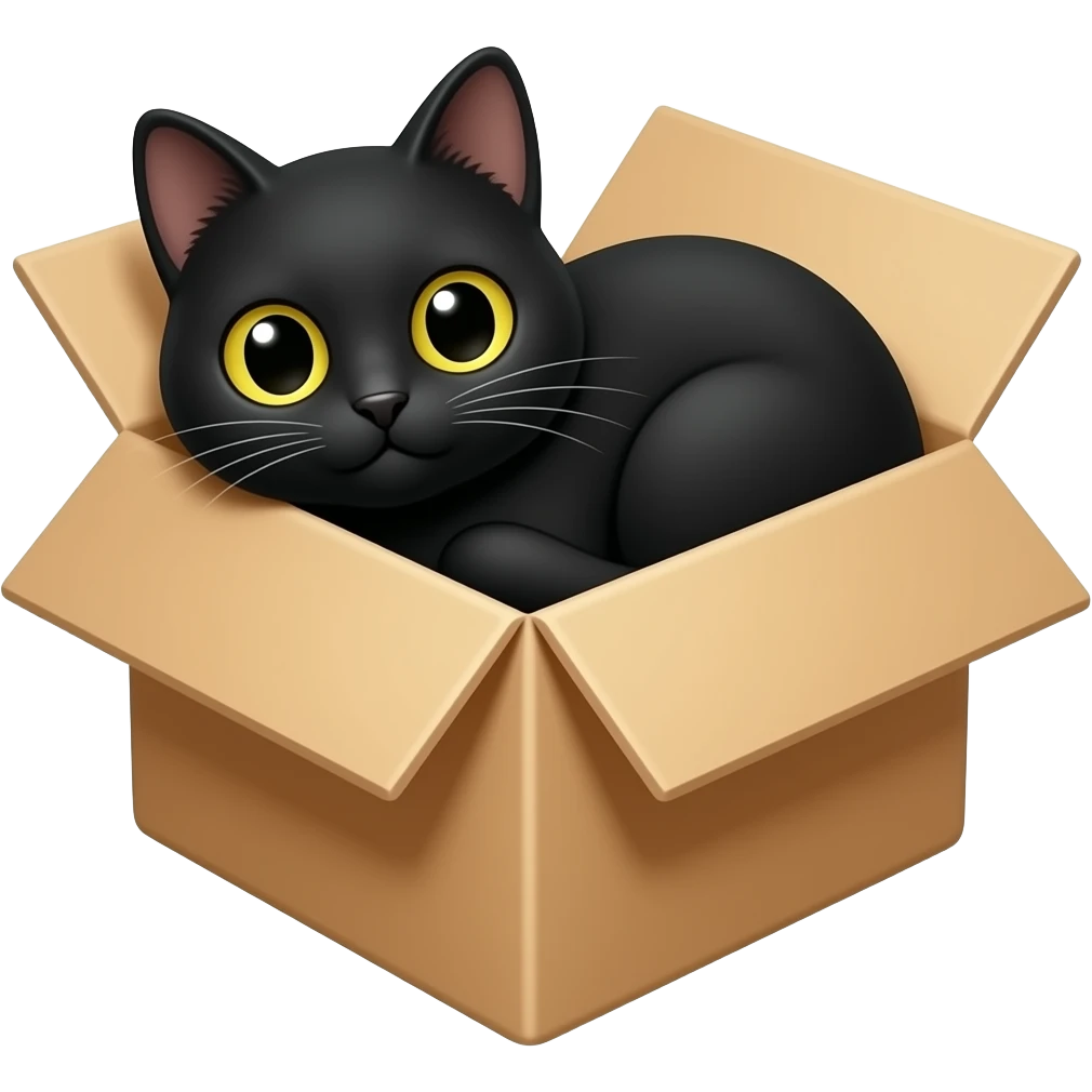 Gato preto fofinho numa caixa fofinha emoji