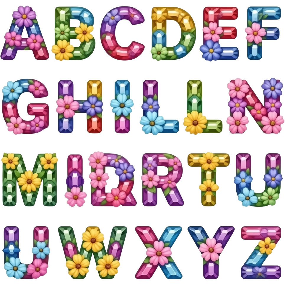 beautiful gemstone shiny floral alphabet set emoji