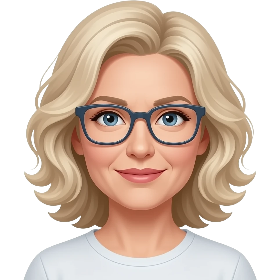 early forties woman with cool toned blonde loosely  curled hair, rectangular glasses emoji
