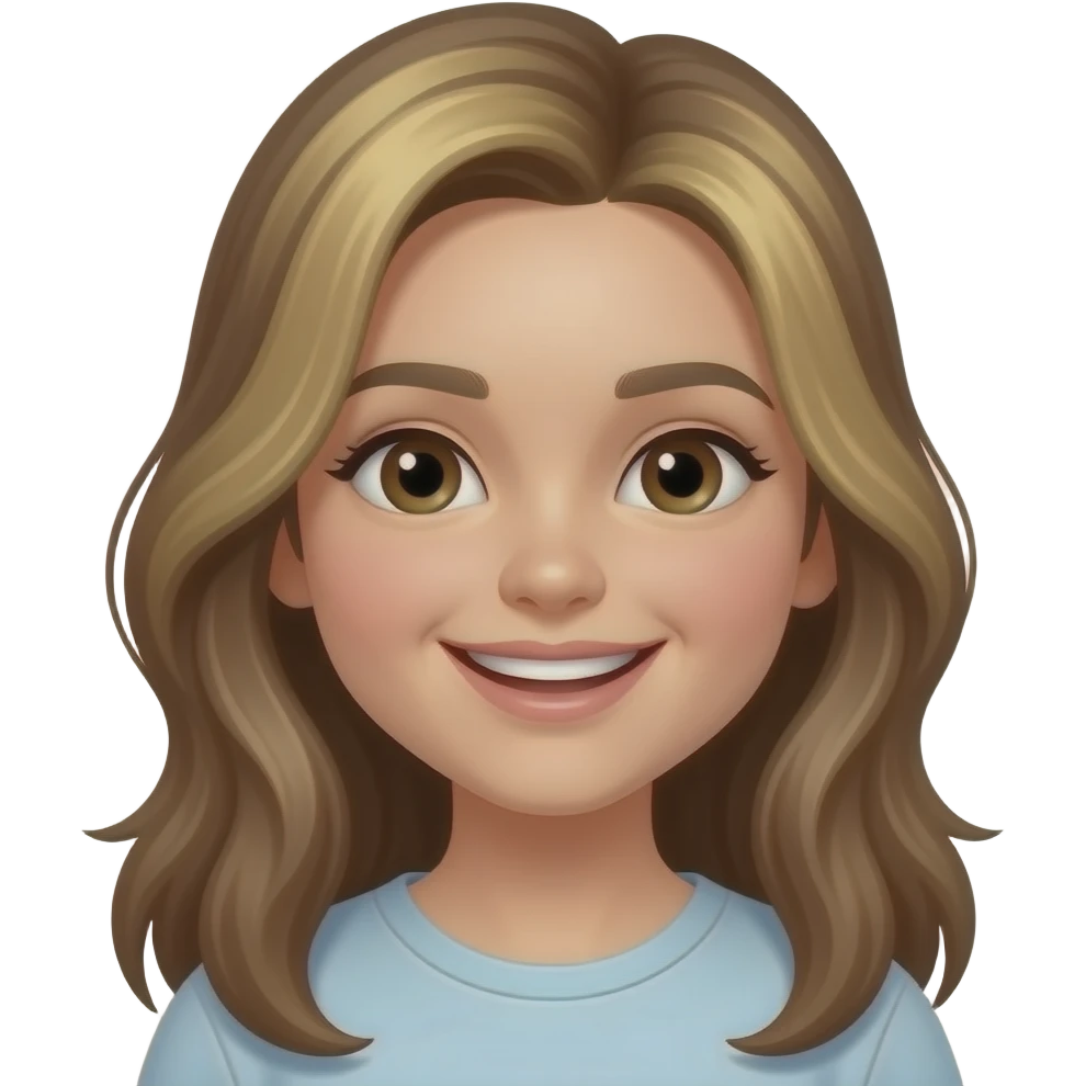 Un emoji donde la chica sea muy muy  risada con el cabello largo color castaño y con las puntas rubias ojos café oscuros y sonrisa suave y salga de espaldas emoji