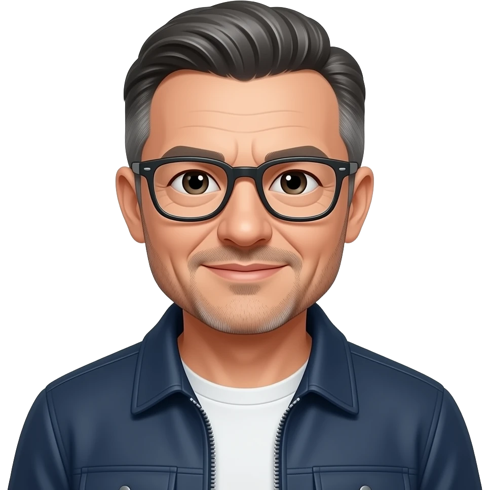 very entellectual man, 59 years old, street wear stubble, shaved, No beard, but a little stubble, glasses short with clippers, but not bald emoji