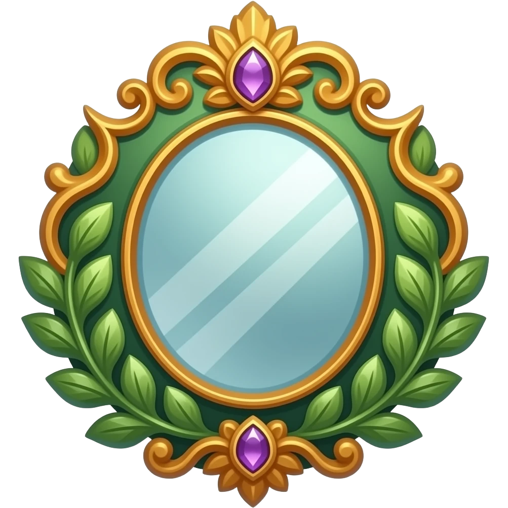 An ornate hand mirror in emerald green and warm amber-gold, with an intricately carved frame of leaves and petals, soft violet jewel accents, and a luminous magical reflection, rendered in a sophisticated botanical fantasy style. emoji